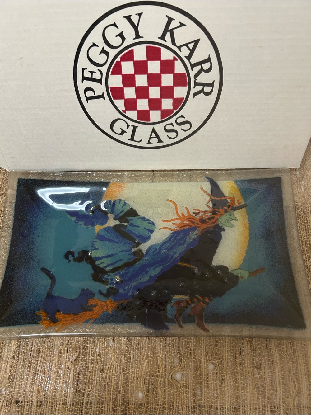 Peggy Karr Halloween Flying Witch Fused Glass 13.5 " Art Glass Plate-Tray. Vtg